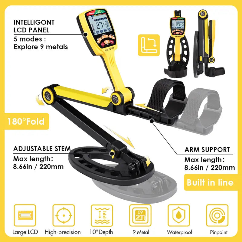 LOLARAN Professional Adjustable Collapsible Metal Detector – Portable Rechargeable Design for Outdoor Adventures and Treasure Hunting