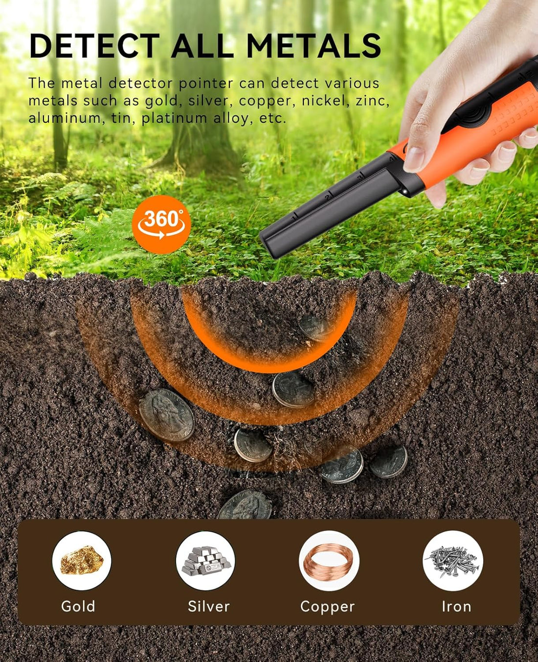 High Sensitivity Handheld Metal Detector, Waterproof & Portable, Medium-Sized for Treasure Hunting, Beach Exploration, Archaeology, and Security Checks, Pinpointer Included for Accurate Detection