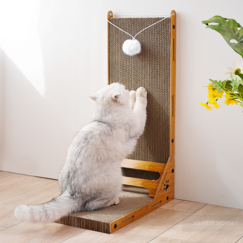 PnotKyes Cardboard Cat Scratcher, Vertical Cat Scratching Board, 23.6 Inch L-Shape Cat Scratch Pad with Built-in Toy Balls, Wall-Mount Cat Scratcher for Indoor Cats