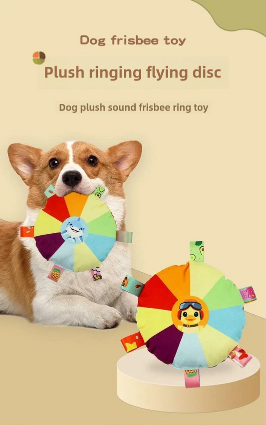 PnotKyes Cartoon Pattern Plush Frisbee Toy with Bell – Interactive Training and Dental Health Chew Toy for Dogs