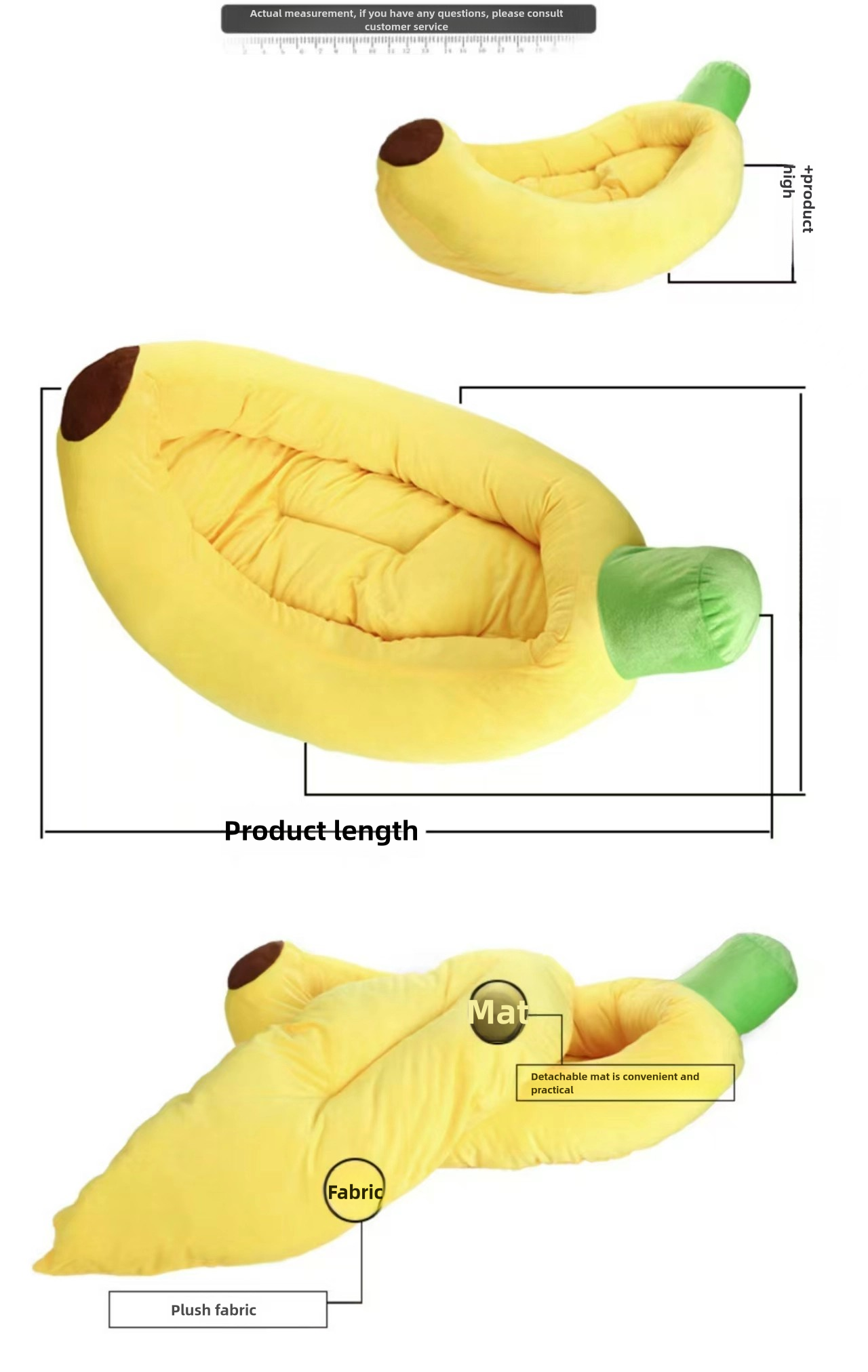 PnotKyes Dog Bed Cat Bed Pet Bed Comfortable and Washable in Banana Shape and Color with Removable Cushion