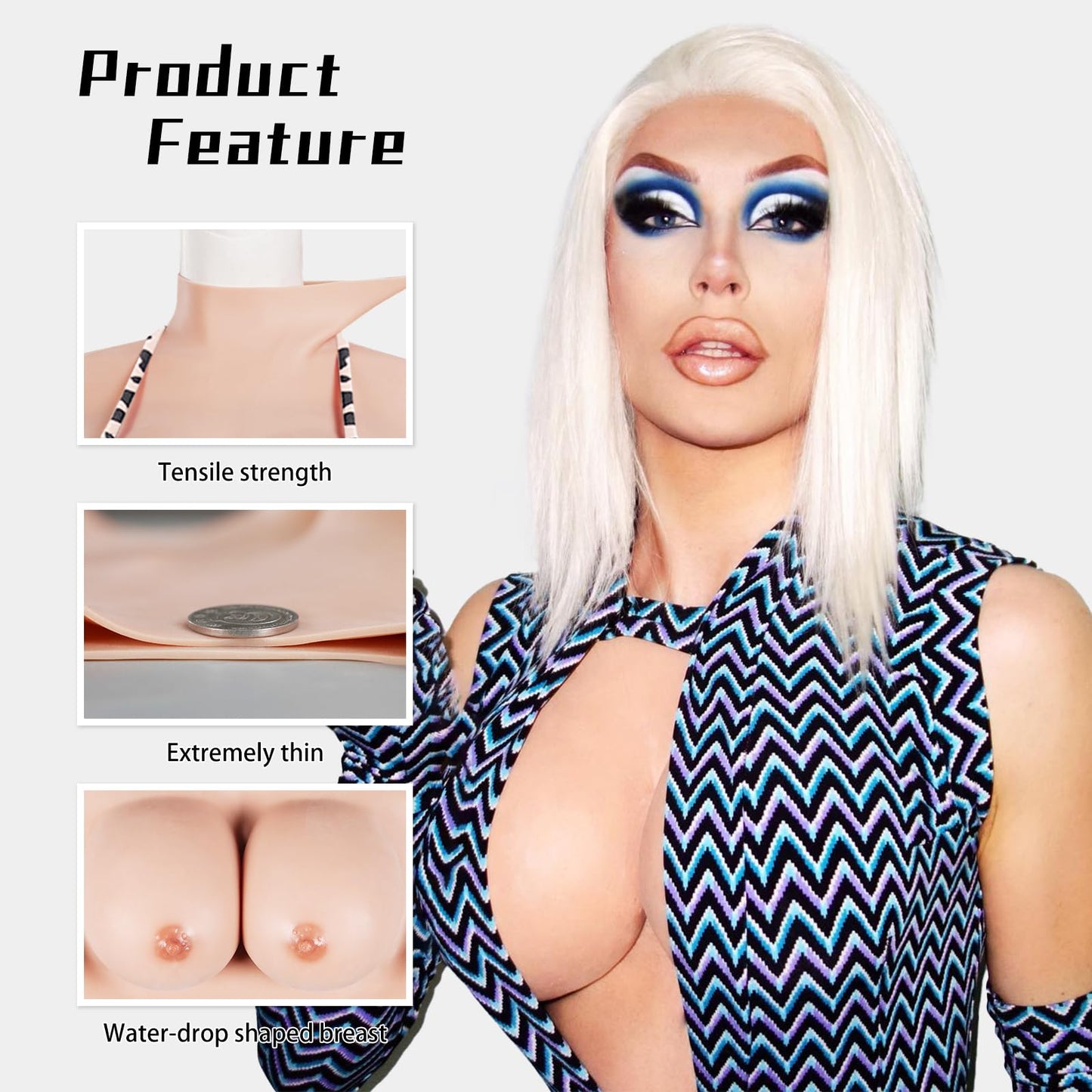 WRDALWO Silicone Breastplate for Crossdressers Breast Forms Transgender Cosplay Fake Breasts Drag Queens (White, E Cup Silicone Filling)